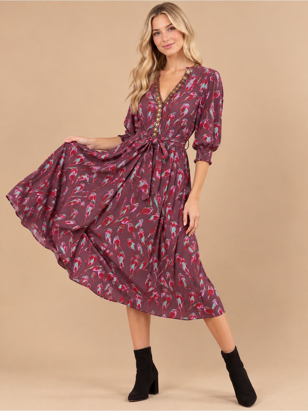 Sheridan French Kit Dress in Pink Branches + Birds